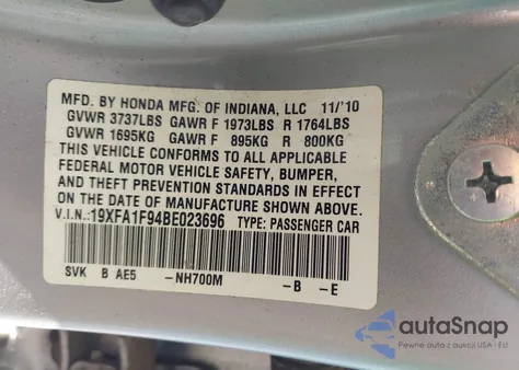 2011 Honda Civic Ex-L from USA, damaged, VIN 19XFA1F94BE023696